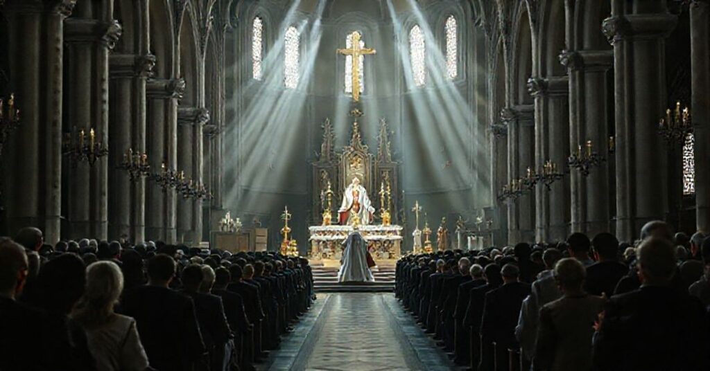 Smutna scena w katedrze w Elblągu podczas modernistycznej ceremonii wprowadzenia biskupa Skibickiego. Świadkowie modlący się tradycyjnym stylem katolickim.