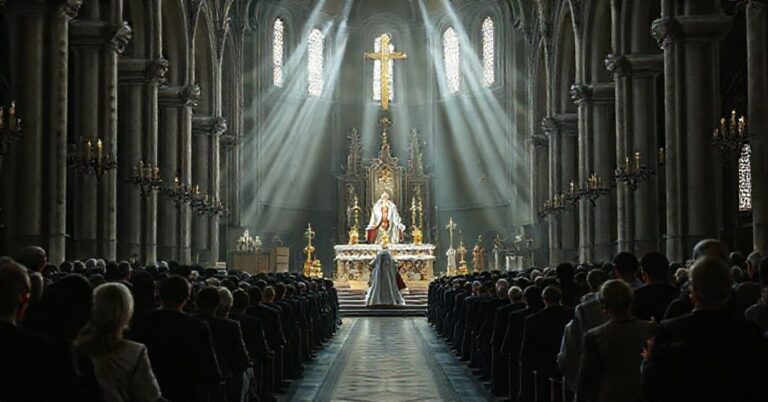 Smutna scena w katedrze w Elblągu podczas modernistycznej ceremonii wprowadzenia biskupa Skibickiego. Świadkowie modlący się tradycyjnym stylem katolickim.