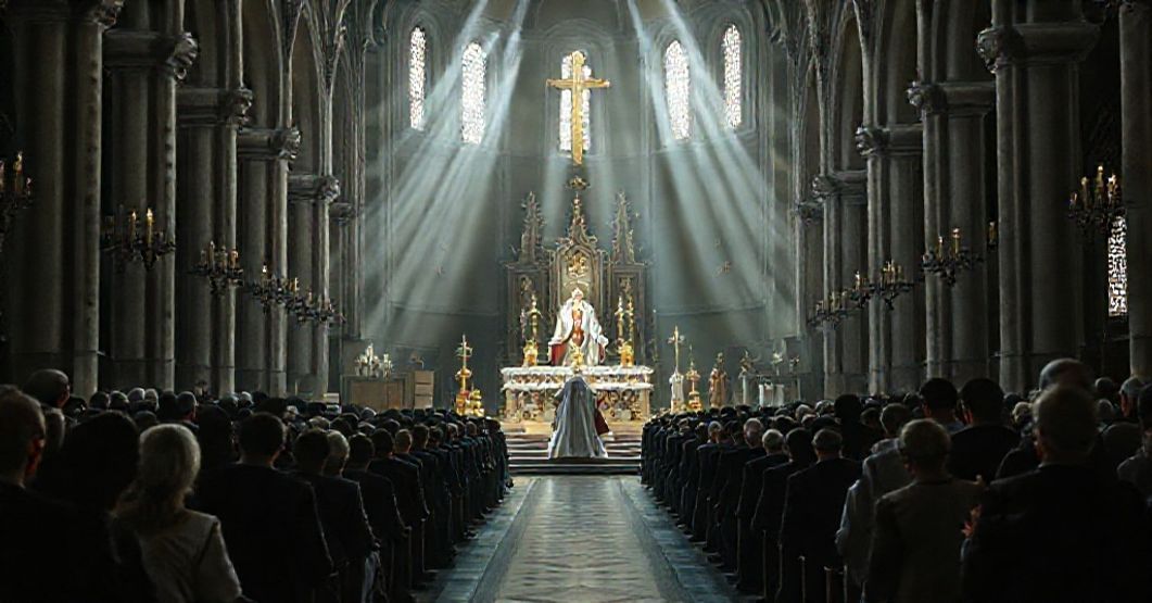 Smutna scena w katedrze w Elblągu podczas modernistycznej ceremonii wprowadzenia biskupa Skibickiego. Świadkowie modlący się tradycyjnym stylem katolickim.