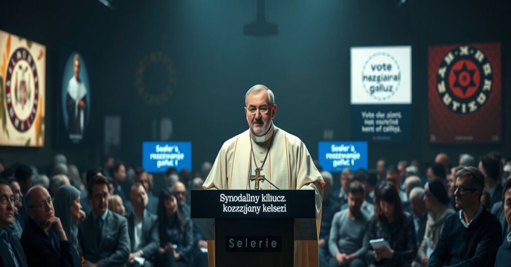 Portret modernistycznego prelata podczas przemówienia w nowoczesnej sali parafialnej