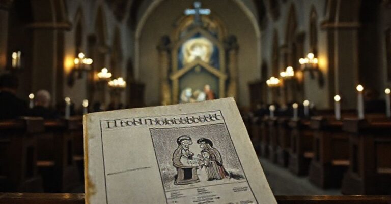 Wnętrze tradycyjnego kościoła katolickiego w czasie Adwentu z subtelnie zniekształconą sceną Narodzenia Pańskiego w stylu modernistycznym i czasopismem "Tygodnik Powszechny" z rysunkami Bartosza Minkiewicza.