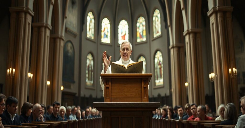 Wnętrze bazyliki w Miechowie z modernistycznym "biskupem" Andrzejem Kaletą wypowiadającym heretycką homilię o Słowie Bożym