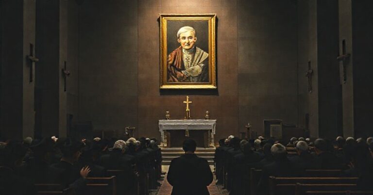 Wnętrze kościoła katolickiego z pustym prezbiterium zastąpionym strukturą modernistyczną. Scena jest słabo oświetlona, podkreślając pustkę i duchową bezpłodność.