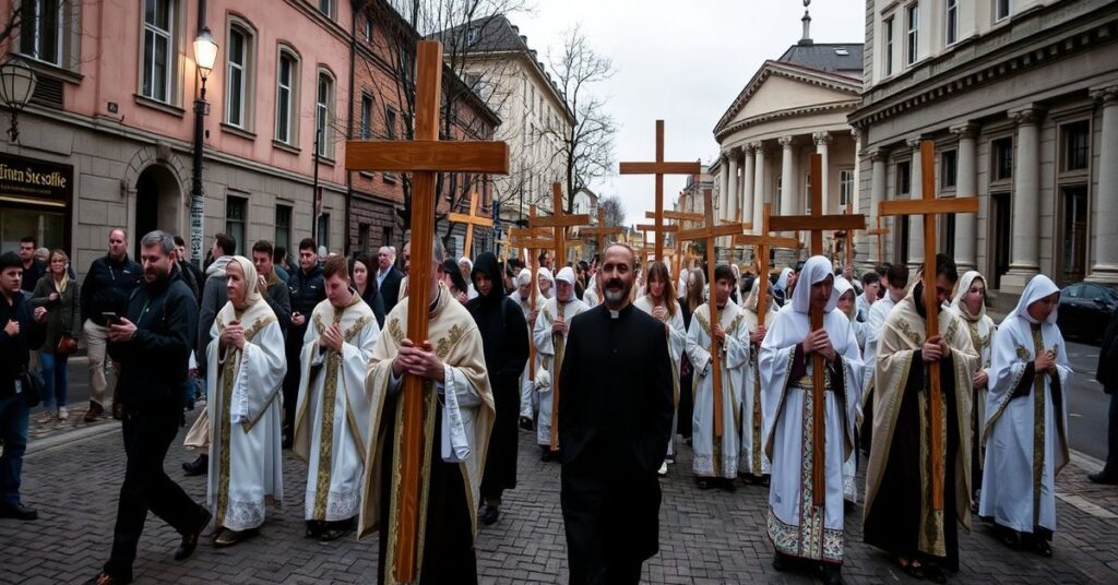 Tradycyjna katolicka Droga Krzyżowa w Olsztynie z pustym ołtarzem i brakiem obecności sakramentalnej.