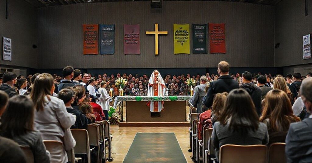 Zdjęcie przedstawiające modernistyczną "Mszę Świętą" w hali sportowej "Jaskółka" w Tarnowie z uczestnikami w nieformalnych ubraniach i brakiem tradycyjnych elementów sakralnych.