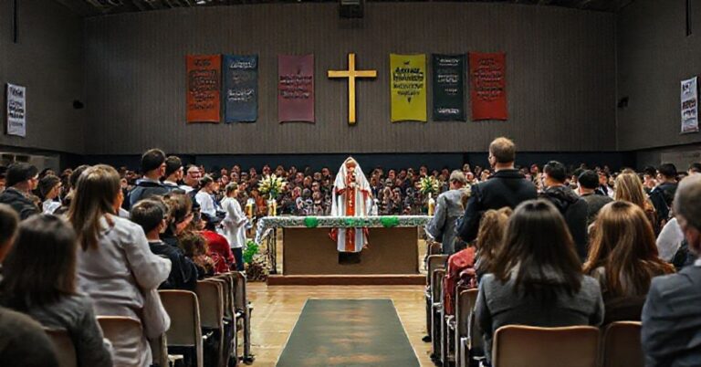 Zdjęcie przedstawiające modernistyczną "Mszę Świętą" w hali sportowej "Jaskółka" w Tarnowie z uczestnikami w nieformalnych ubraniach i brakiem tradycyjnych elementów sakralnych.