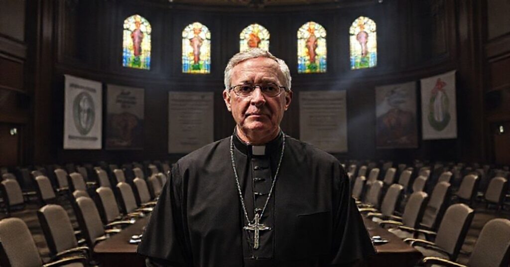 Portret Timothiego Broglio przed konferencją USCCB w mrocznym sali z nowoczesnymi banerami promującymi ideologię gender i wolność religijną