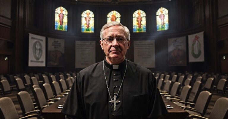 Portret Timothiego Broglio przed konferencją USCCB w mrocznym sali z nowoczesnymi banerami promującymi ideologię gender i wolność religijną