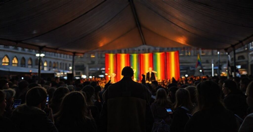 Ciemne i poważne zebranie na krakowskim Rynku Głównym z udziałem młodych ludzi pod namiotem "Spotkania". Brzmiąca modlitwa kierowana przez modernistycznych duchownych, brak tradycyjnych elementów katolickich.