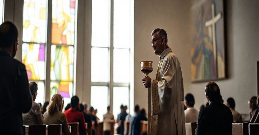 Tradycyjny ksiądz w ornaty na tle nowoczesnej kaplicy z abstrakcyjnymi elementami, otoczony modlącymi się wiernymi. Scena przedstawia modernistyczną liturgię w Kokoszycach.