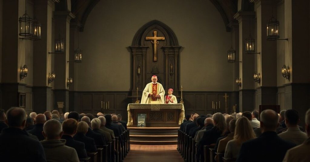 Wnętrze tradycyjnego kościoła katolickiego podczas nowej mszy w Lubinie, z biskupami Tadeuszem Lityńskim i Piotrem Wawrzyńcem przy ołtarzu, otoczonymi nowoczesnymi elementami liturgicznymi. Scena jest przyciemniona, podkreślająca powagę i pobożność.