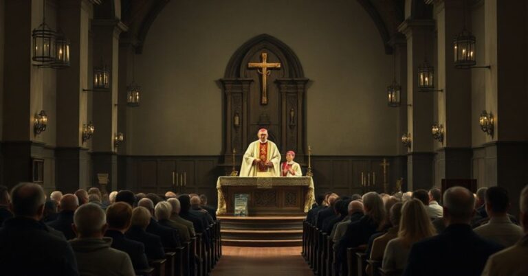 Wnętrze tradycyjnego kościoła katolickiego podczas nowej mszy w Lubinie, z biskupami Tadeuszem Lityńskim i Piotrem Wawrzyńcem przy ołtarzu, otoczonymi nowoczesnymi elementami liturgicznymi. Scena jest przyciemniona, podkreślająca powagę i pobożność.