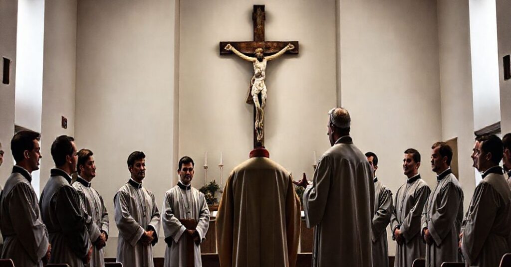 Poważna scena inauguracji w nowoczesnym seminarium katolickim z fałszywym biskupem i klerykami w niepewnym środowisku duchowym, symbolizującym zwłaszcza teologiczne dezorientacje po Soborze Watykańskim II.