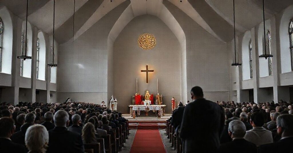 Pusty i pozbawiony sakramentalnej głębi wnętrze świątyni pw. Kazimierza Króliewicza w Kościelisku podczas fałszywej uroczystości poświęcenia przez modernistycznego abpa. Jędraszewskiego.