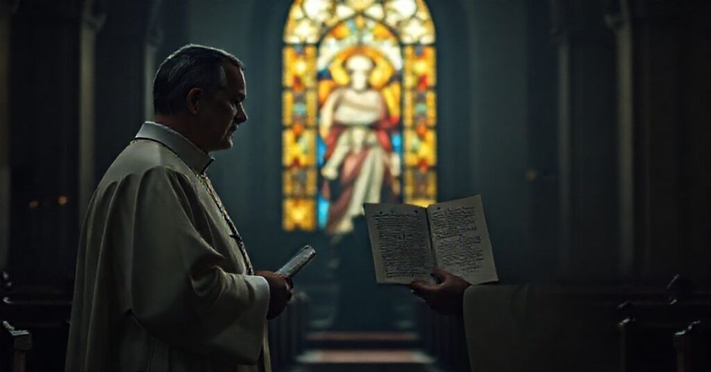 Tradycyjny katolicki kapłan w XIX-wiecznym kościele trzymający encyklikę Piusa XI o Chrystusie Królu, z symbolami modernistycznego fałszu w tle.