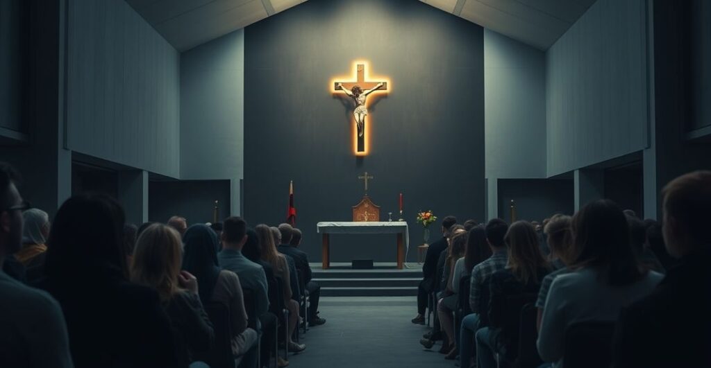 Młodzi ludzie siedzący w nowoczesnej, spustoszonej kaplicy, bez tradycyjnych elementów katolickich, z wyglądem na zmyślenie, bez pokuty, bez sakramentów.