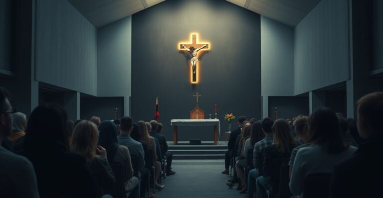 Młodzi ludzie siedzący w nowoczesnej, spustoszonej kaplicy, bez tradycyjnych elementów katolickich, z wyglądem na zmyślenie, bez pokuty, bez sakramentów.
