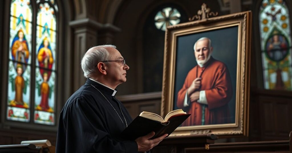 Uroczysty katolicki ksiądz w ciemnym sutannie stoi w słabo oświetlonym kościele, trzymając zużyty brewiarz. Jego twarz wyraża głęboką refleksję, gdy spogląda na portret modernistycznego kardynała, którego obraz jest subtelnie zdeformowany, aby odzwierciedlić jego apostazję. Wnętrze kościoła cechuje klasyczna architektura z witrażami przedstawiającymi świętych, kontrastującymi z modernistycznymi elementami. Nastrój jest ponury, podkreślając zdradę prawdziwej wiary katolickiej.