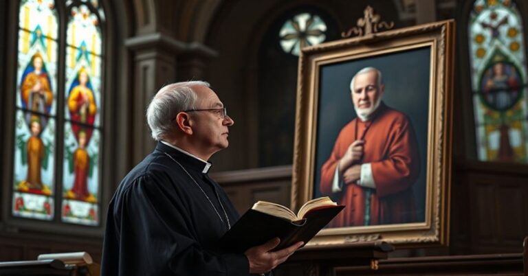 Uroczysty katolicki ksiądz w ciemnym sutannie stoi w słabo oświetlonym kościele, trzymając zużyty brewiarz. Jego twarz wyraża głęboką refleksję, gdy spogląda na portret modernistycznego kardynała, którego obraz jest subtelnie zdeformowany, aby odzwierciedlić jego apostazję. Wnętrze kościoła cechuje klasyczna architektura z witrażami przedstawiającymi świętych, kontrastującymi z modernistycznymi elementami. Nastrój jest ponury, podkreślając zdradę prawdziwej wiary katolickiej.