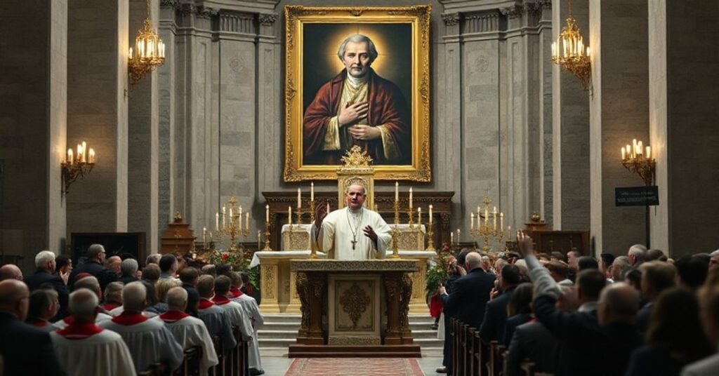 Scena w Bazylice św. Piotra podczas homilii biskupa Chrząszcza na temat Jana Pawła II. Modernistyczne symbole i brak tradycyjnych elementów katolickich.