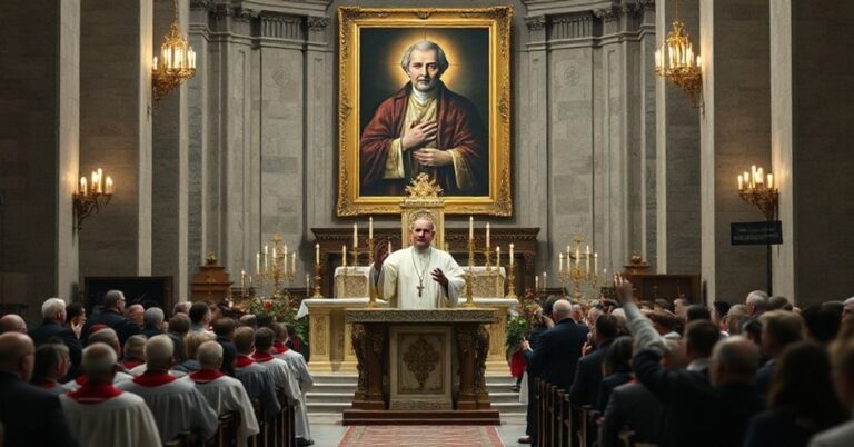 Scena w Bazylice św. Piotra podczas homilii biskupa Chrząszcza na temat Jana Pawła II. Modernistyczne symbole i brak tradycyjnych elementów katolickich.