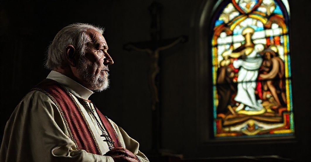 Moderne utopia Leona XIV - brak grzechu i łaski Stary kleryk w pełnym stroju liturgicznym stoi przed krzyżem w ciemnej kościołowej kaplicy. Jego poważny wyraz i ukryte w cieniu okno witrażowe przedstawiające Sąd Ostateczny podkreślają kryzys duchowy i utratę prawdziwych nauk katolickich.
