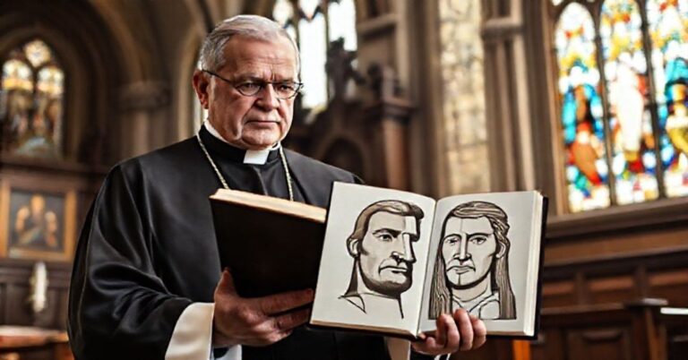 Cleryk w tradycyjnych szatach kościelnych stoi w historycznej świątyni przed dwoma fałszywymi obrazami Boga