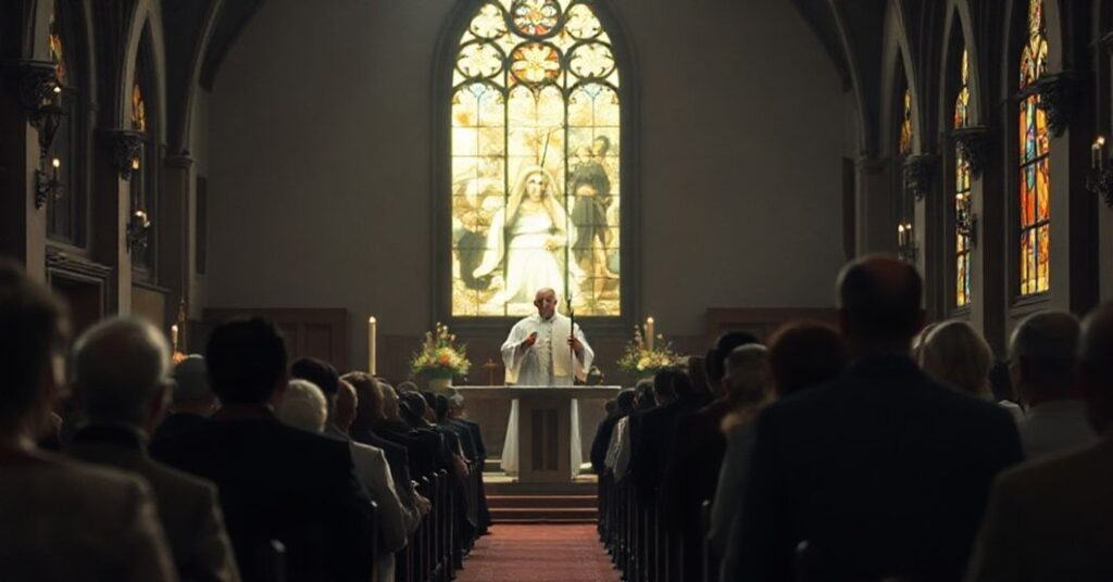 Scena Mszy za zmarłych w tradycyjnym kościele z fałszywą nowoczesną kaznodziejską homilią.