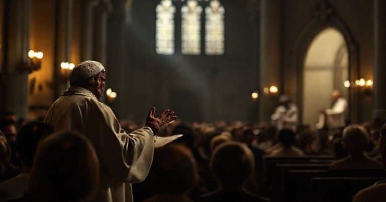 Obraz przedstawiający modernistycznego 'papieża' mówiącego o cierpieniu w kościele bez wiarygodności katolickiej.