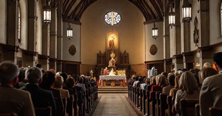 Tradycyjna scena Bożego Narodzenia w Kościele w Krośnie podczas kazań modernistycznej "homilii" o Wcieleniu Chrystusa.