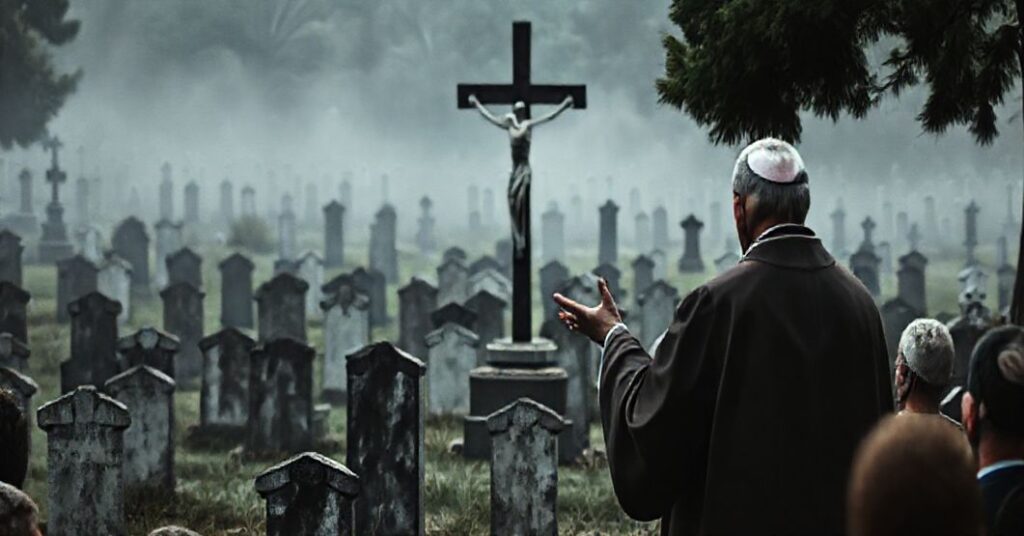 Scena na cmentarzu z modernistą 'biskupem' Zadarko podczas homilii pomijającej łaskę i Kościół Katolicki.