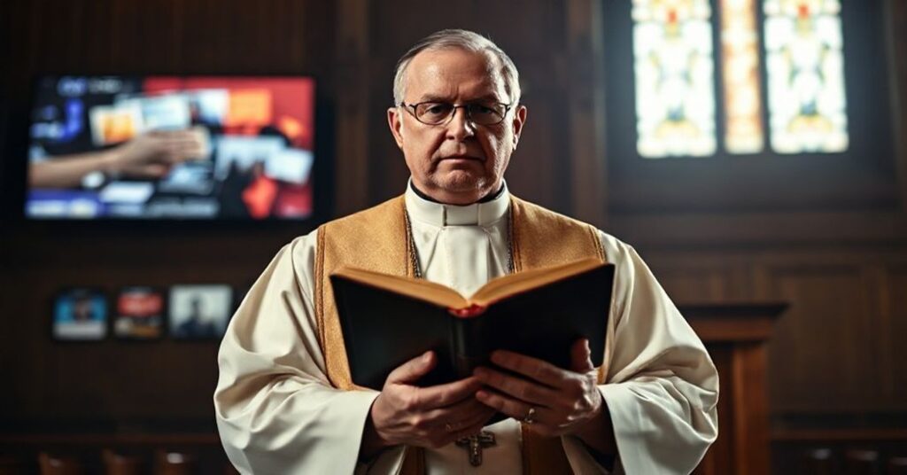 Ksiądz w tradycyjnych szatach liturgicznych trzymający Biblię z poważnym wyrazem na twarzy przed amboną kościelną. W tle nieostre obrazy mediów i symboli protestanckich symbolizujące błędne drogi.