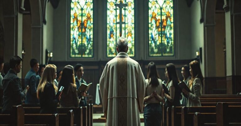 Grupa młodych ludzi w kościole podczas dyskusji z księżem w tradycyjnej szacie liturgicznej na tle