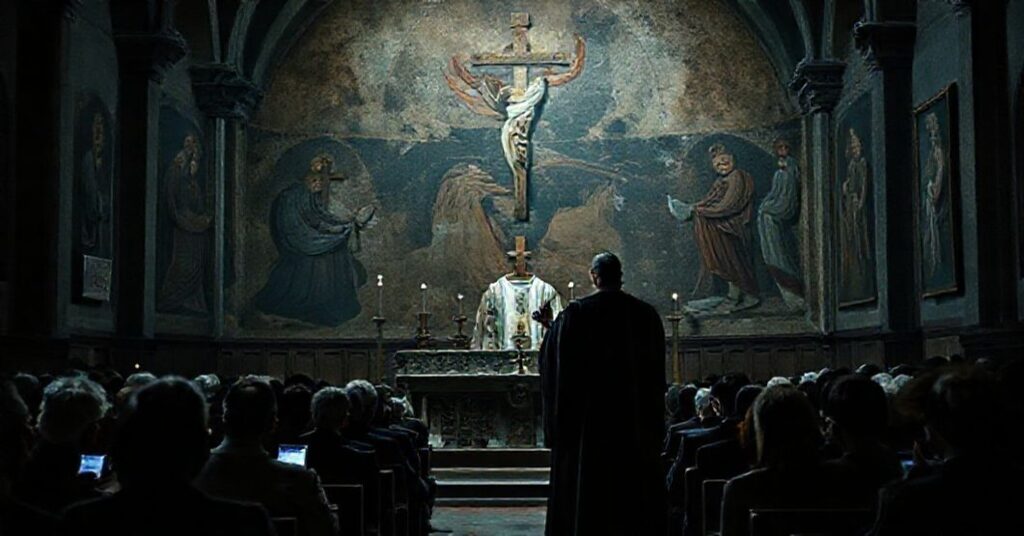 Wnętrze kościoła przedstawiające współczesną interpretację Adwentu przez modernistów z brakiem sakramentalności i prawd wiary.