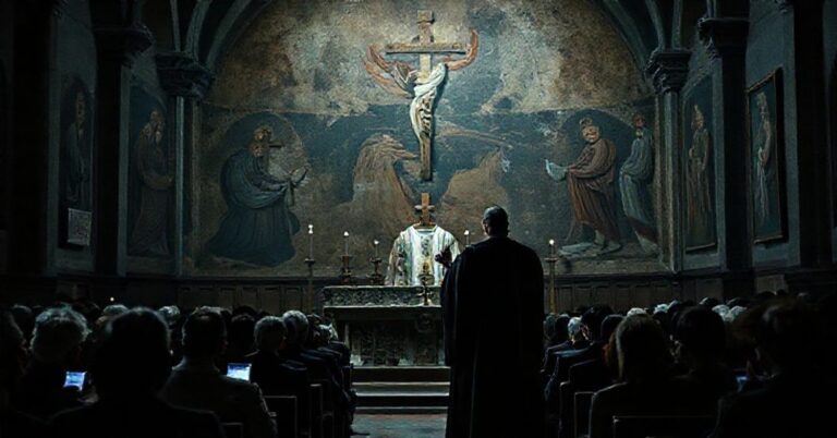 Wnętrze kościoła przedstawiające współczesną interpretację Adwentu przez modernistów z brakiem sakramentalności i prawd wiary.