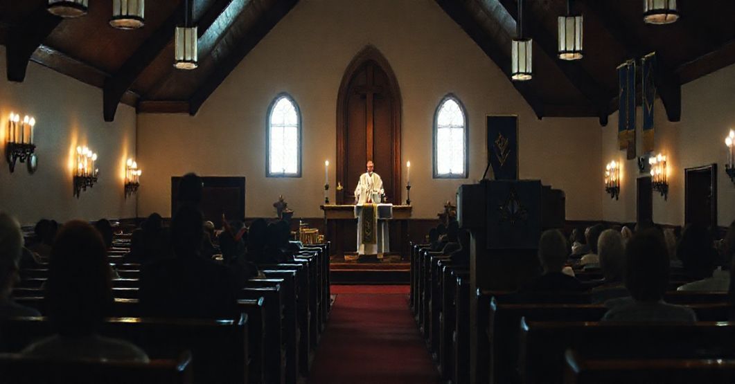 Wnętrze kaplicy katolickiej z modernistycznym duchownym podczas wykładu; symbolizuje apostazję i braki wiary