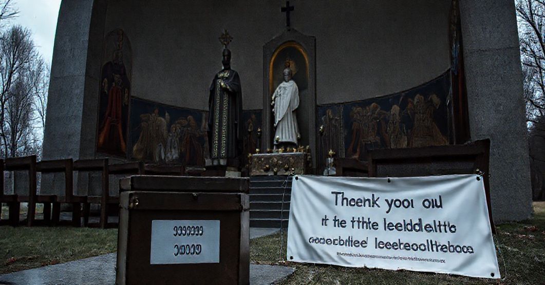 Smętne zdjęcie nowoczesnej kaplicy w Radzyminie na terenie Bitwy Warszawskiej, poświęconej modernistycznemu kultowi "Jana Pawła II"