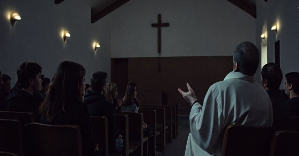 Grupa młodych ludzi w nowoczesnej kaplicy w Serpelicach, wyglądająca zdesperowana i zgubiona, z brakiem widocznej łaski nadprzyrodzonej.