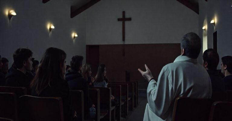Grupa młodych ludzi w nowoczesnej kaplicy w Serpelicach, wyglądająca zdesperowana i zgubiona, z brakiem widocznej łaski nadprzyrodzonej.