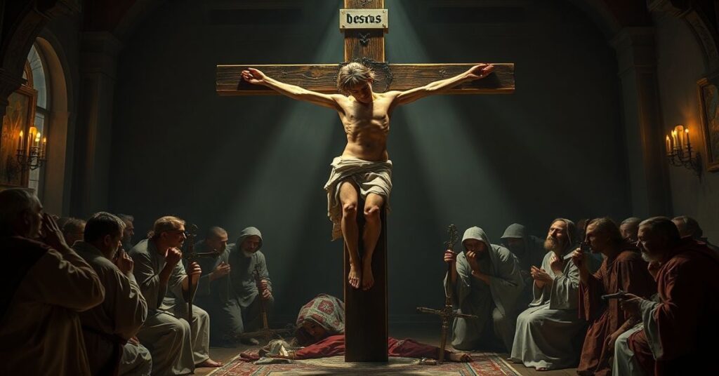 Obraz przedstawiający cierpiącego Chrystusa na krzyżu z widocznymi ranami otoczonego przez zmieszanych apostołów w przyciemnionym pomieszczeniu. Scena symbolizuje współczesną modernistyczną interpretację Zmartwychwstania jako ludzkiej sentymentalności zamiast boskiego triumfu.