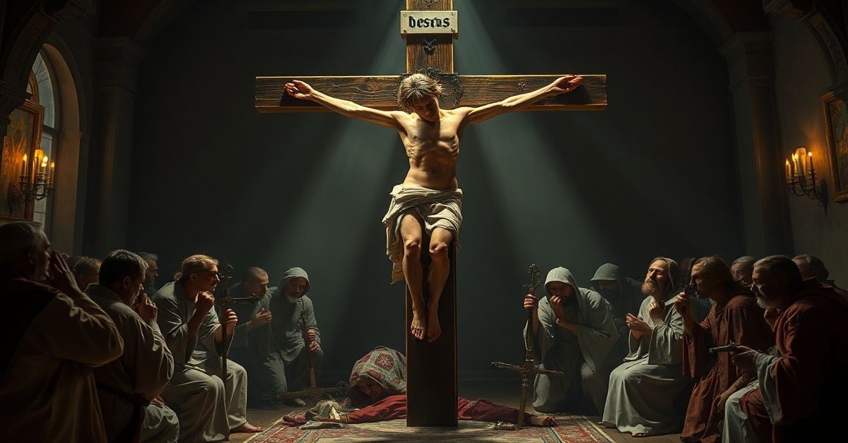 Obraz przedstawiający cierpiącego Chrystusa na krzyżu z widocznymi ranami otoczonego przez zmieszanych apostołów w przyciemnionym pomieszczeniu. Scena symbolizuje współczesną modernistyczną interpretację Zmartwychwstania jako ludzkiej sentymentalności zamiast boskiego triumfu.