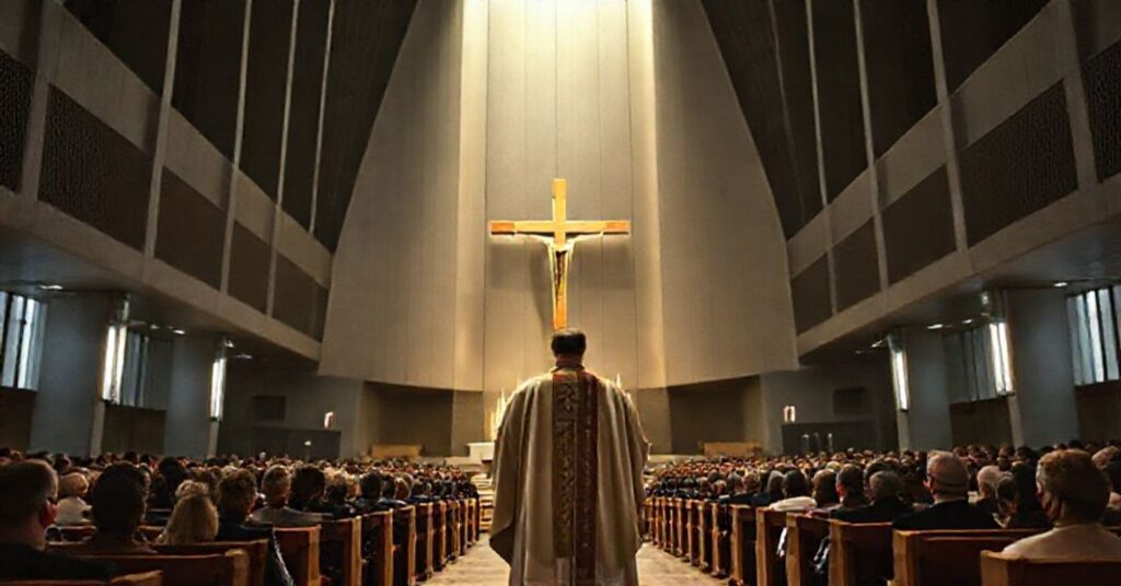 Wnętrze modernistycznej katedralnej w Katowicach podczas fałszywego jubileuszu z 2025 roku. Archidiecezja Katowicka, Arcybiskup Andrzej Przybylski.