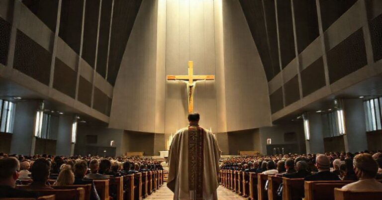 Wnętrze modernistycznej katedralnej w Katowicach podczas fałszywego jubileuszu z 2025 roku. Archidiecezja Katowicka, Arcybiskup Andrzej Przybylski.