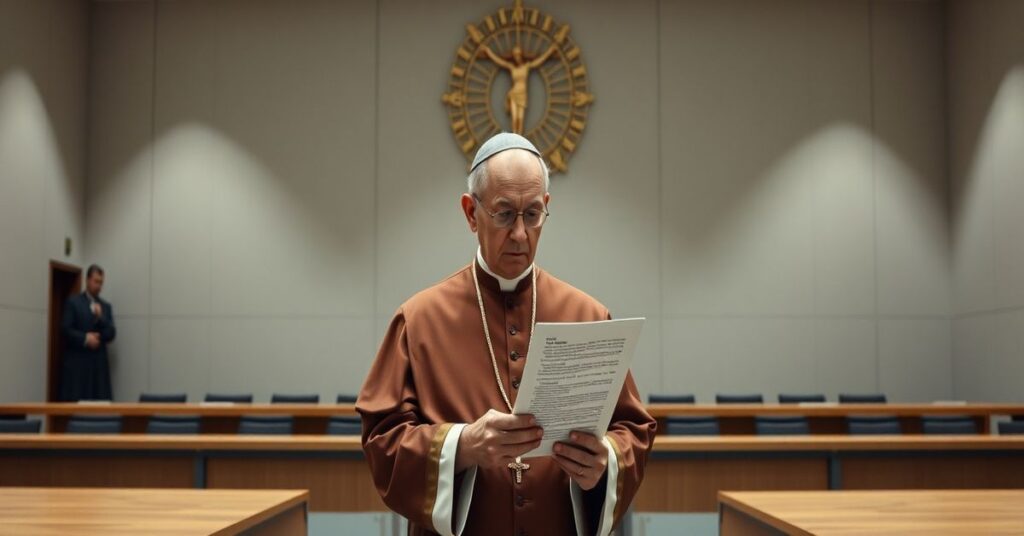 Biskup w tradycyjnych szatach kościelnych przed pustym sądem modernistycznym z logo KEP na ścianie