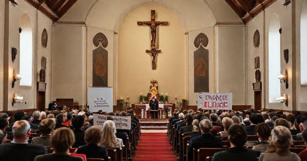 Pustoszele tradycyjne kościelne wnętrze z modernistyczną konferencją w Kaliszu, symbolizujące zastąpienie zbawienia doświadczeniem wspólnoty