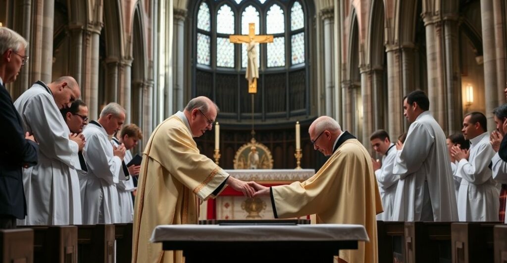 Solemne, tradycyjne katolickie uroczystość konsekracji w katedrze w Elblągu, ukazująca dwóch nowych 'księży' otrzymujących 'sacrement' od modernistycznego biskupa. Scena ukazuje pustą ceremonię: biskup kładzie ręce na kandydatach, którzy klęczą, otoczeni pustymi, nowoczesnymi elementami liturgicznymi. Ołtarz jest pusty, kościół zmodyfikowany przez modernistów, a twarze uczestników pokazują fałszywy szacunek i zniekształcony zapał.