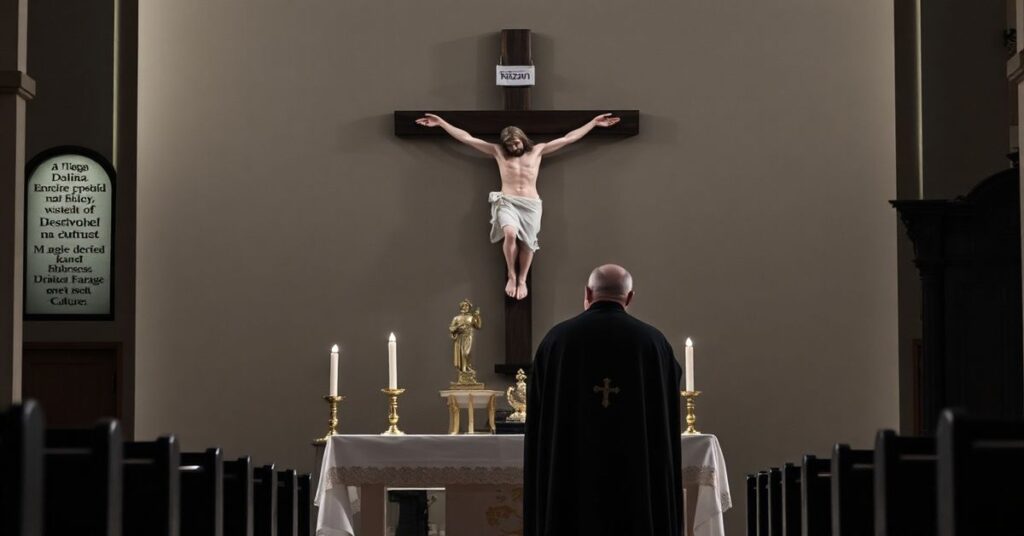 Wnętrze katedralnego kościoła św. Mikołaja w Kaliszu podczas modernistycznej liturgii Wielkiego Piątku 3 kwietnia 2026 roku. Na ołtarzu stoi rzekomy biskup Łukasz Buzun w nowoczesnej ornacie liturgicznej, mówiąc o panowaniu Chrystusa Króla w polityce i kulturze. W tle widoczny jest krzyż z zniekształconą postacią Chrystusa otoczony pustymi ławkami. Scena symbolizuje apostazję septy modernistycznej hierachii.