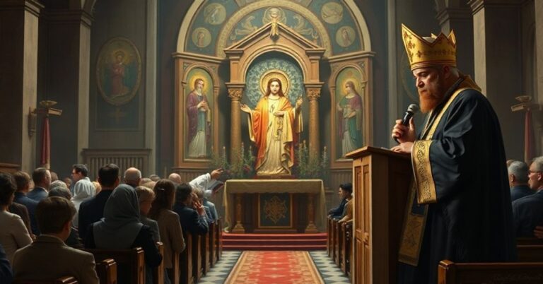 Rzeczywista przedstawienie modernistycznej liturgii w Melbourne z Arcybiskupem Sviatosławem Szewczukiem podczas kazania o redukcyjnej Ewangelii