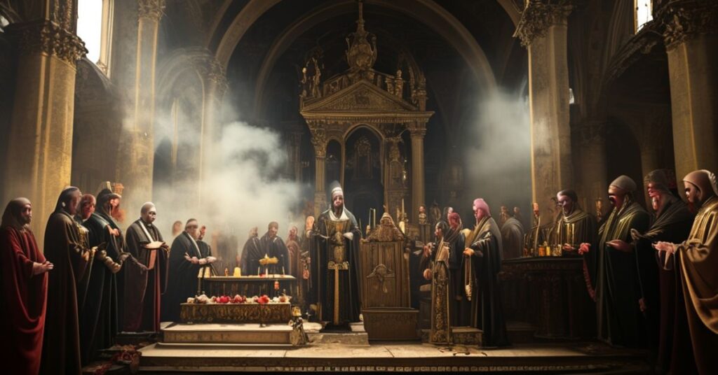 Uroczystość katolicka przy grobie Karola Wojtyły w Bazylice Watykańskiej z udziałem "biskupów" i "kardynałów" w nowoczesnych ornatach. Scena jest poważna z tradycyjnymi katolickimi elementami jak kadzidło i świece, ale atmosfera jest pełna duchowego upadku i herezji.