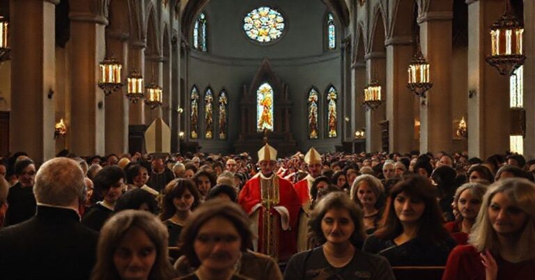 Wnętrze kościoła z grupą ludzi prowadzoną przez fałszywych biskupów Adriana Galbasa i Romualda Kamińskiego, ilustrujące modernistyczną mistyfikację w Kościele katolickim.